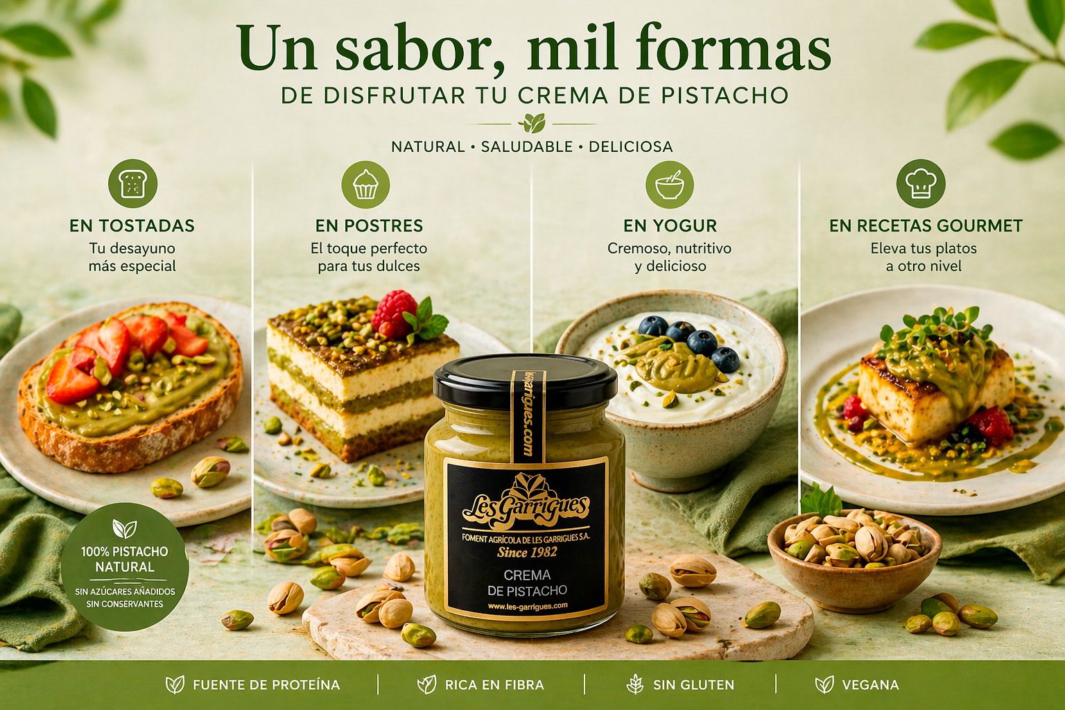 Cómo usar la crema de pistacho<br />
En tostadas<br />
En postres<br />
En yogur<br />
En recetas gourmet